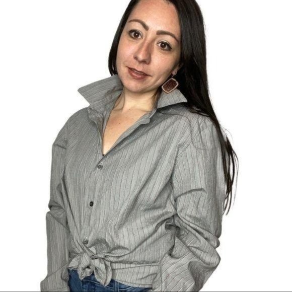 Y2K DKNY Slim Fit Button Down Blouse striped gray - Picture 2 of 12